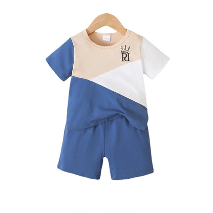 2PCS Handsome Child Boy Clothes Set Color Block Short Sleeve T-shirt+Shorts Fashion Summer Leisure Time Outfit Kid Boy 1-6 Years