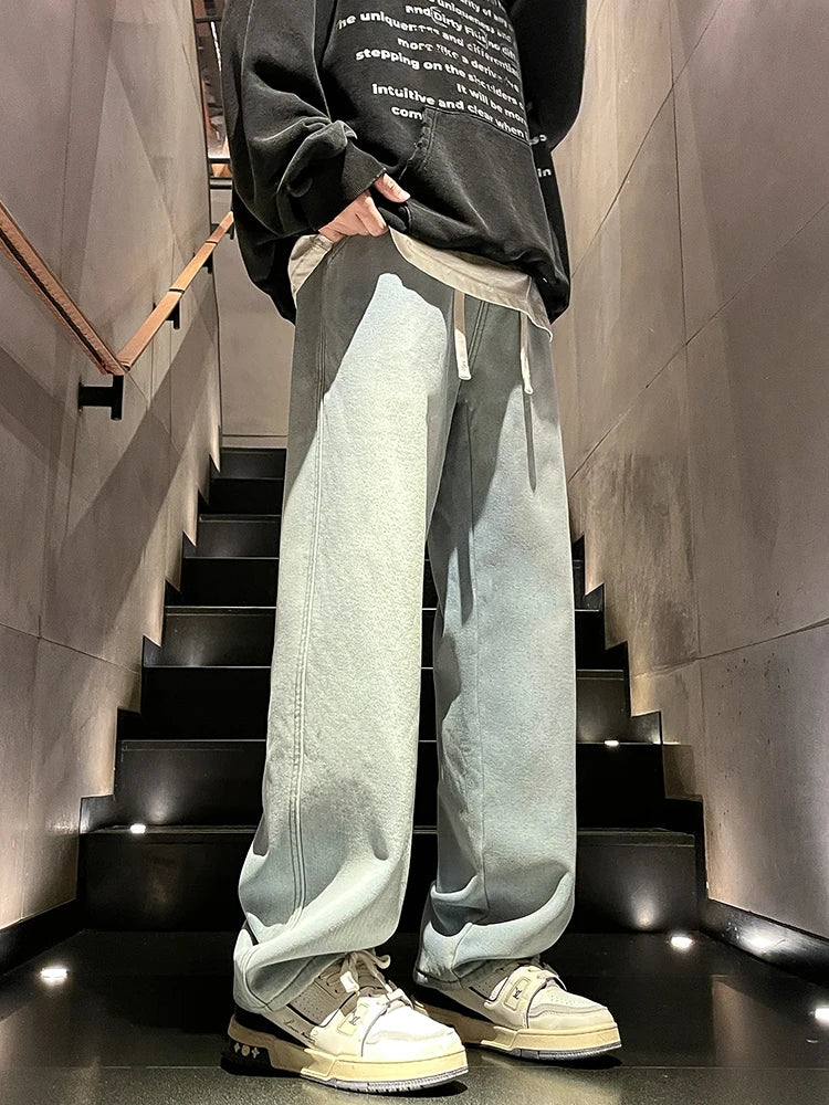 Calça Jeans Masculina de Inverno Coreana Forrada com Lã Grossa Quente Reta Denim Lavado Algodão Azul Retrô Larga Pantalona