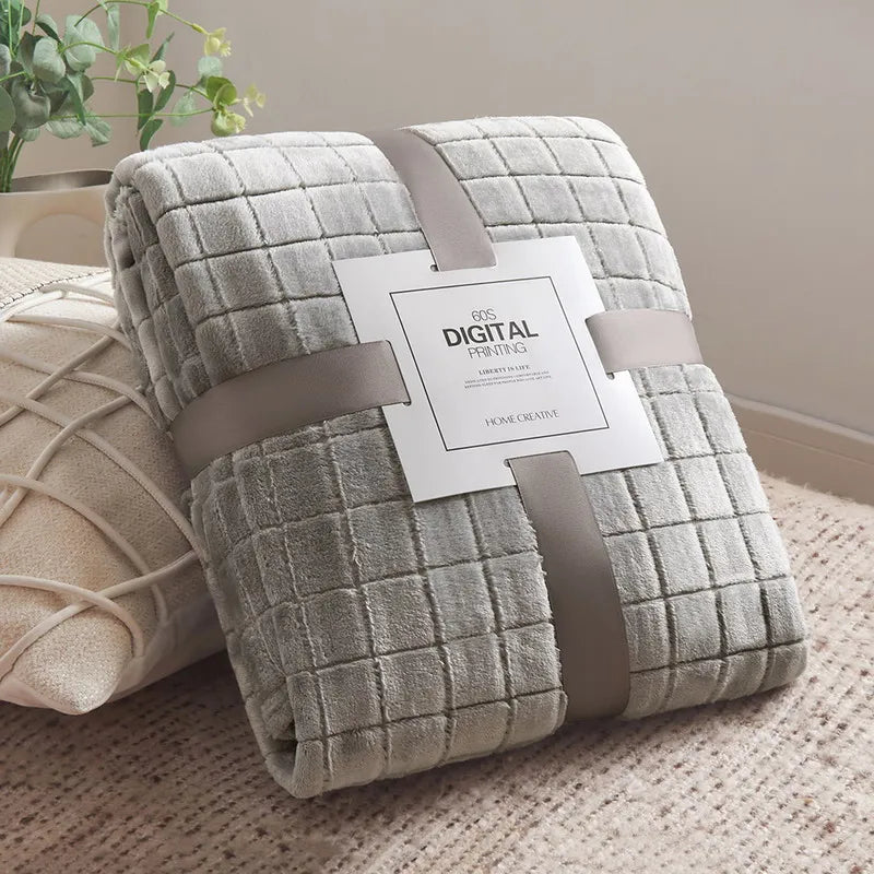 Luxury Grid Coral Velvet Blanket - Soft Fluffy Plush Throw, Thickened Warm for Sofa & Air-Condition Room, Flannel Back