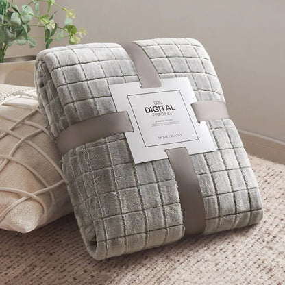 Luxury Grid Coral Velvet Blanket - Soft Fluffy Plush Throw, Thickened Warm for Sofa & Air-Condition Room, Flannel Back