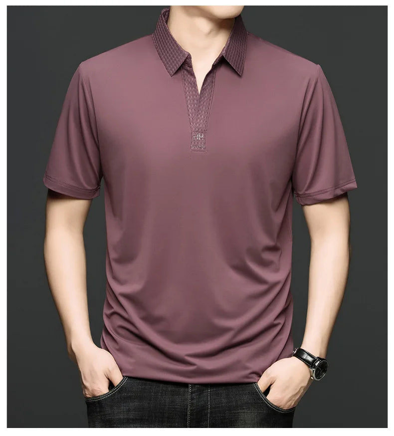Fashion V-neck short sleeve T-shirt men's summer solid color silky smooth breathable personalized jacquard buttonless polo shirt