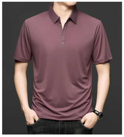Fashion V-neck short sleeve T-shirt men's summer solid color silky smooth breathable personalized jacquard buttonless polo shirt