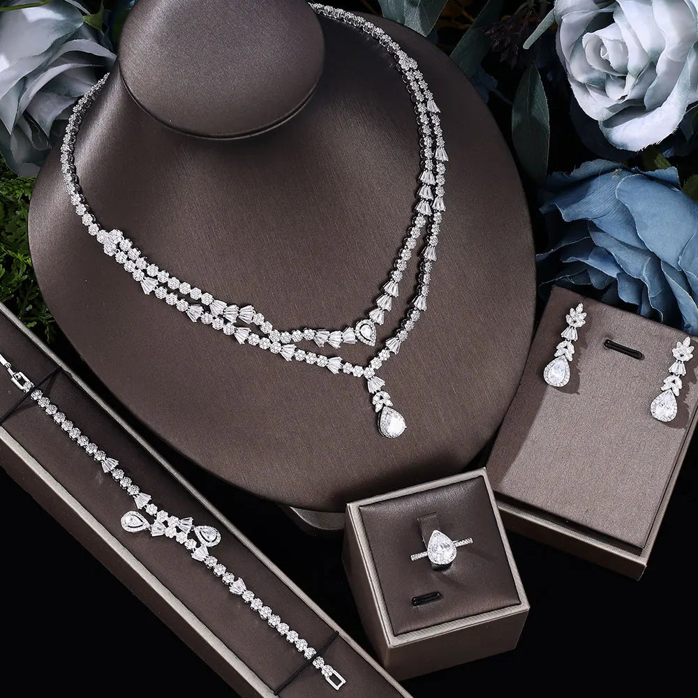 Double Layers Necklace Earring 4 Pieces Sets Luxury Cubic Zirconia Dubai Nigeria Wedding Bridal Jewelry Sets