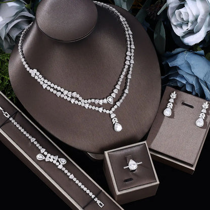 Double Layers Necklace Earring 4 Pieces Sets Luxury Cubic Zirconia Dubai Nigeria Wedding Bridal Jewelry Sets