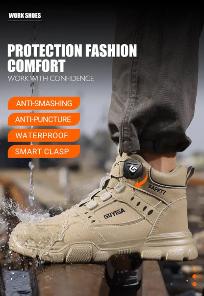 Men's Steel Head Work Shoes Anti Smash and Anti stab Khaki High Top Intelligent Buckle Simple Fashion Industrial Style Pr