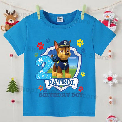 Paw Patrol Blue T-shirts for Boys Anime Cartoon Cute Birthday Clothing Children Summer Fashion Short Sleeved Shirt Kids Clothes
