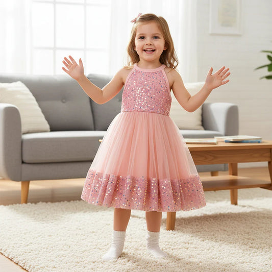 Girl Party Princess Dress Summer Sequin Tulle Dress Elegant Party Red/Pink/White Dresses 3-7Y for Wedding Birthday Holiday Gift