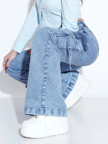 Women's Washed Utility Jeans with Multiple Pockets