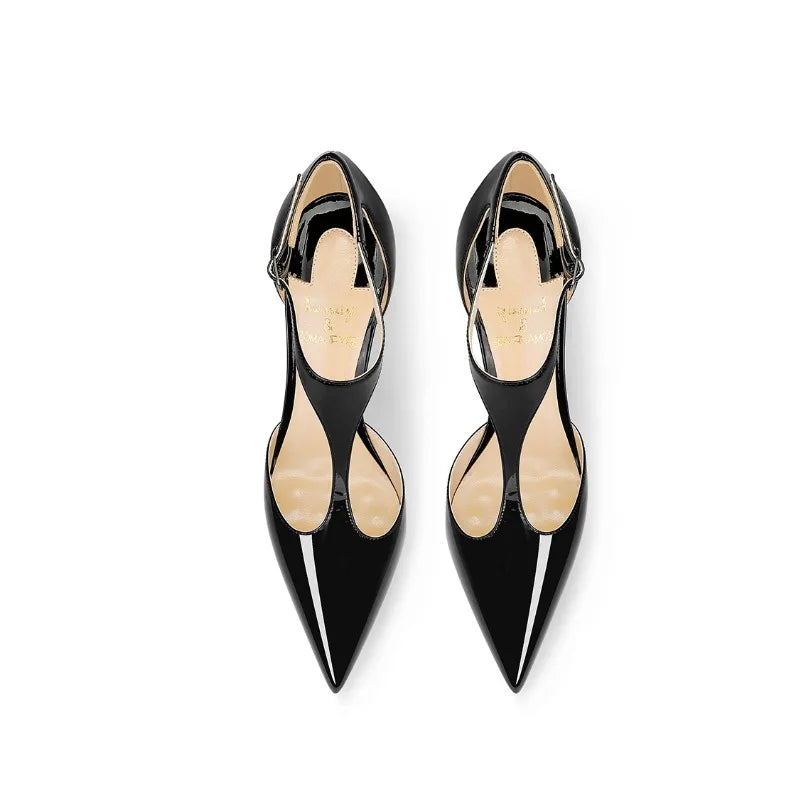 Black patent leather T-belt bag with nightclub sexy 12cm ultra-fine heel pointed party European and American high-heeled sandals