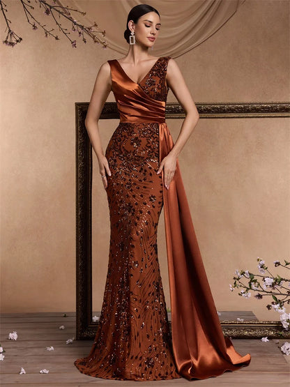 Elegant V-neck Splice Ribbons Sequins Evening Dresses Woman Sleeveless Mermaid Formal Luxury Wedding Party Prom