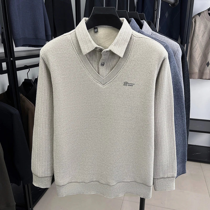 Winter Men's Vacation Two-piece Thick Woolen Sweater with A Warm Collar and Knitted Polo Base for Middle-aged and Elderly People