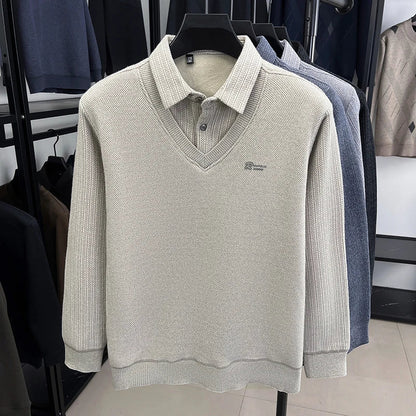 Winter Men's Vacation Two-piece Thick Woolen Sweater with A Warm Collar and Knitted Polo Base for Middle-aged and Elderly People