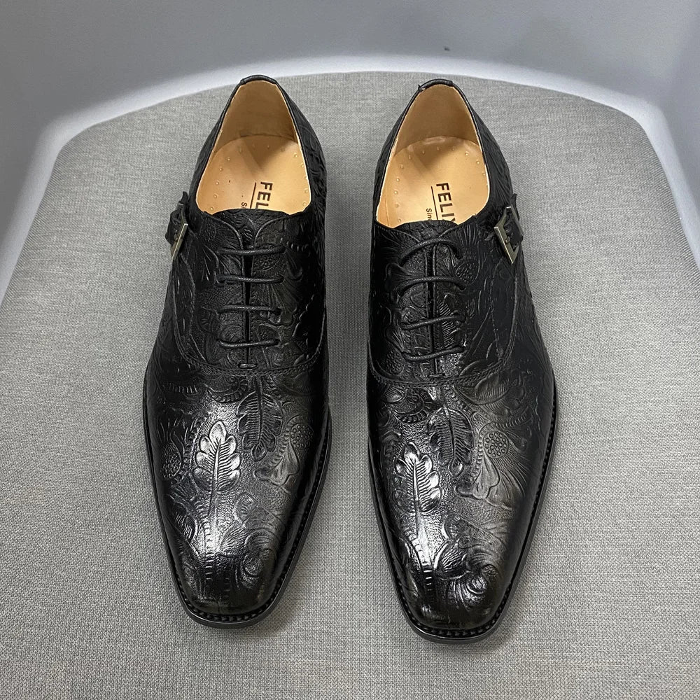 2022 Classic Men Oxford Dress Shoes Real Leather Flower Print Cap Toe Lace Up Buckle Blue Wedding Party Formal Footwear for Men