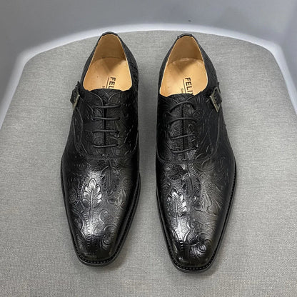 2022 Classic Men Oxford Dress Shoes Real Leather Flower Print Cap Toe Lace Up Buckle Blue Wedding Party Formal Footwear for Men
