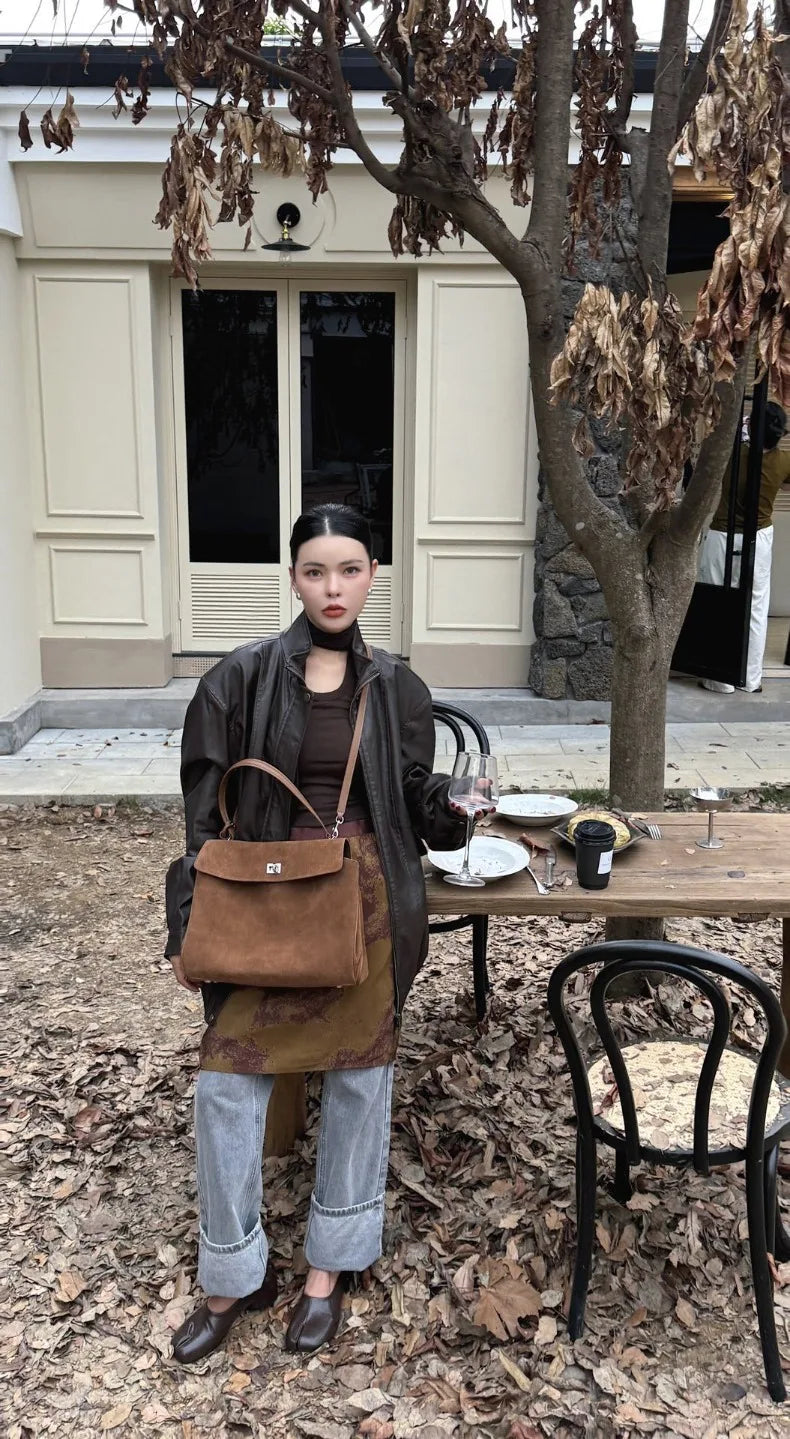 Suede Leather Tote Bag for Women Large Capacity Cowhide Shoulder Bag Designer Lock Satchel Chic Soft Nubuck Crossbody Purse