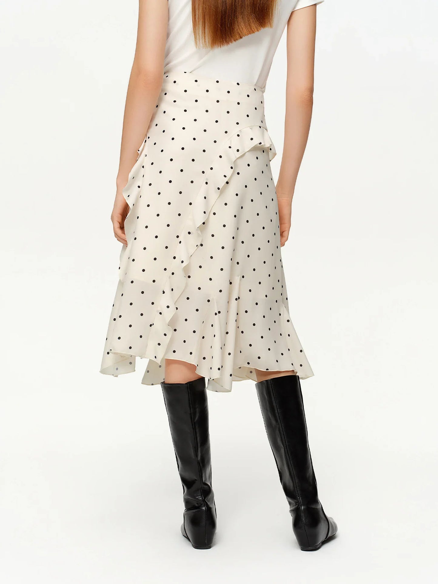 Irregular Ruffle Polka Dot Midi Skirt New Spring High-waisted A-line Skirt for Commuting Knee-length Trendy Korean Style