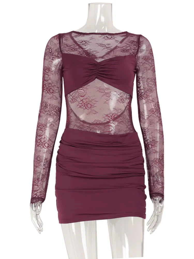 Lace Patchwork Backless O Neck Women Dresses Fashion Sheer Long Sleeve Sheath Outfits Hollow Out Female Hip Wrap Bodycon
