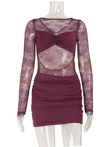 Lace Patchwork Backless O Neck Women Dresses Fashion Sheer Long Sleeve Sheath Outfits Hollow Out Female Hip Wrap Bodycon