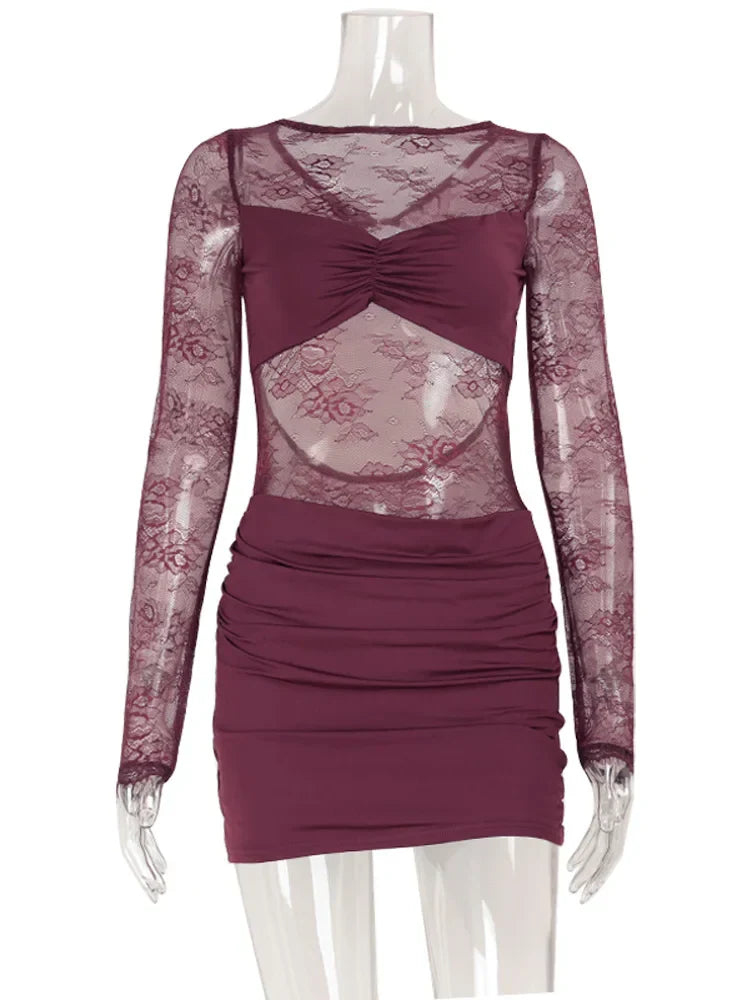 Lace Patchwork Backless O Neck Women Dresses Fashion Sheer Long Sleeve Sheath Outfits Hollow Out Female Hip Wrap Bodycon