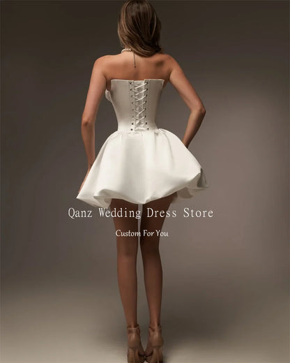 Vintage Satin Wedding Party Dresses Strapless Short A Line Ivory Lace Up Back Vestidos Para Mujer Bridal Gowns Customized