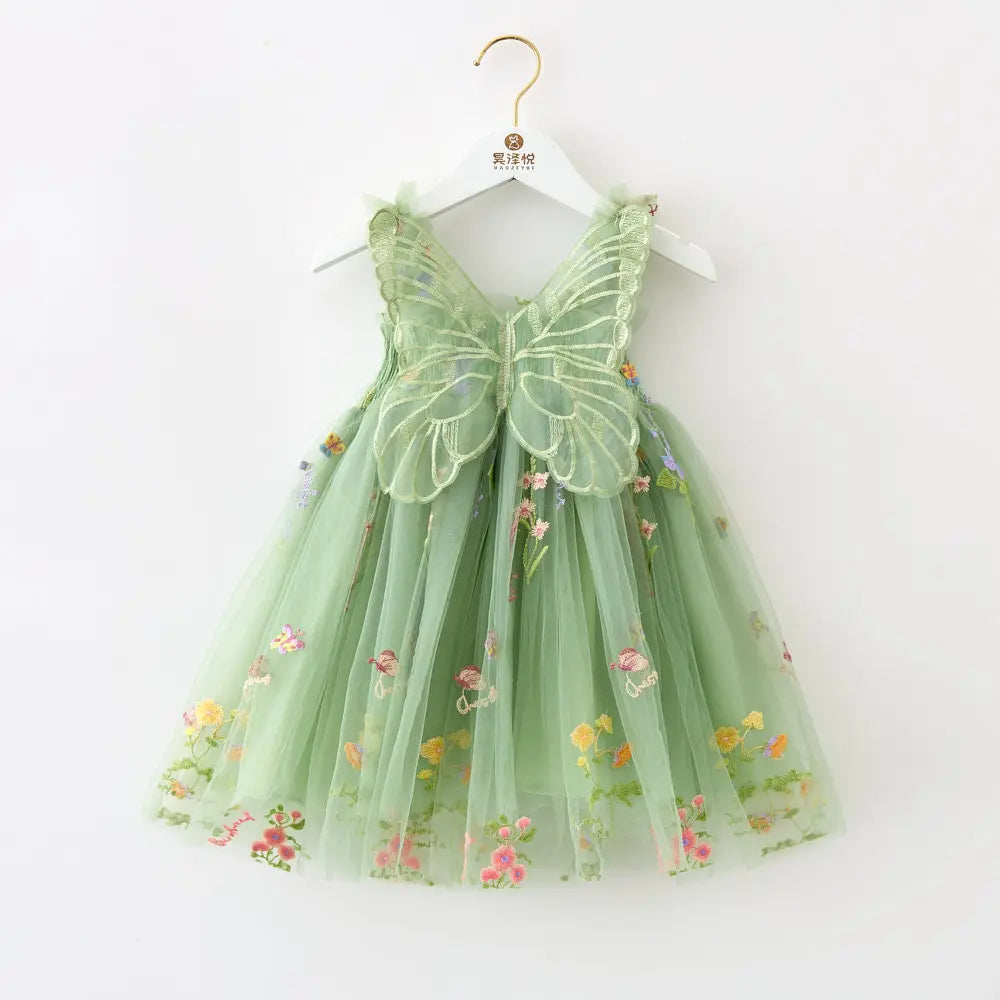 Girls Princess Dress with 3D Wings - Sparkle Tulle Sleeveless Gown, Fairy Puffy Party Dress for Birthday & Holiday
