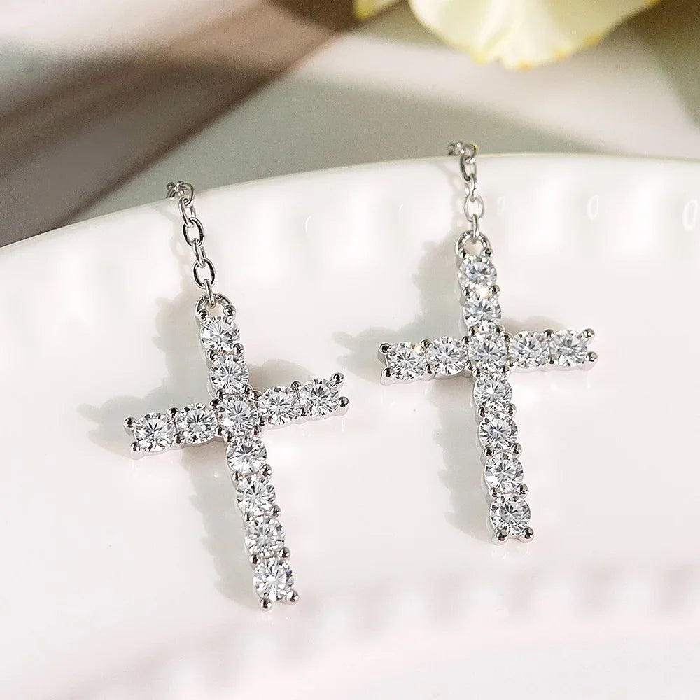 Cross Shape Full Moissanite Drop Earrings for Women Men 925 Sterling Silver Long Diamond Earring with Certificate Fine Jewelry