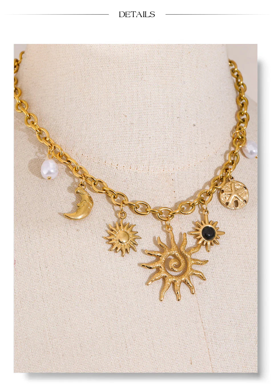 Trendy Starfish Moon Sun Shaped Pendant Charm Necklace Statement Stainless Steel Golden Chain Fashion Jewelry PVD Plated