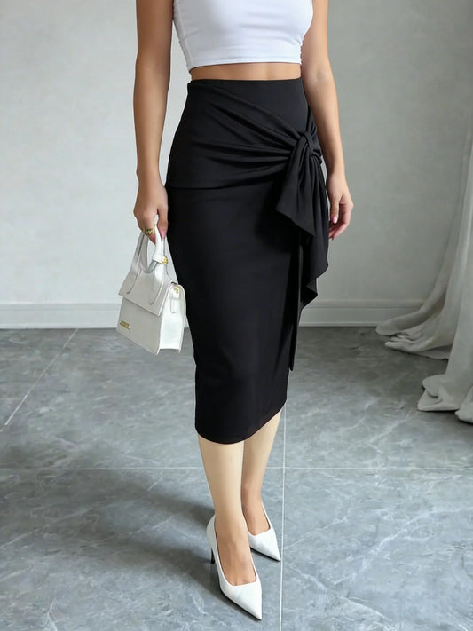 Women's Spring Summer Black Midi Skirt High Waist Stretchy Ruched Side Knot Casual Daily Work Office Bodycon Skirt