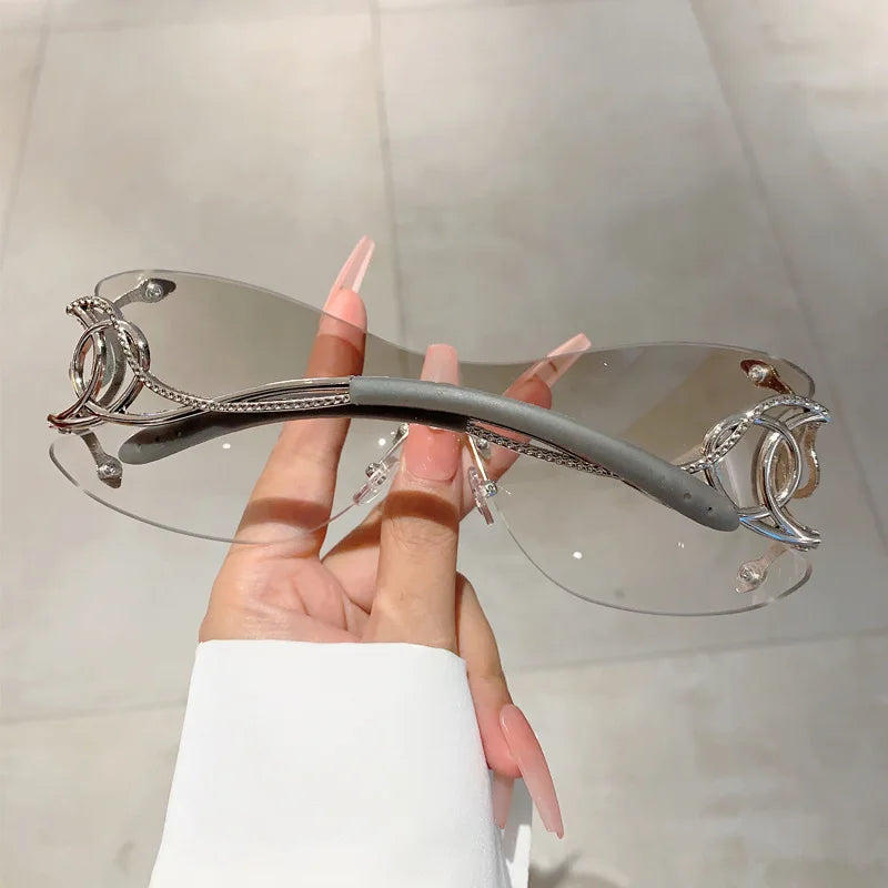 Y2K Rimless Luxury Brand Designer Sunglasses Women For Men One Piece Trendy Oversized Sun Glasses Metal Snake Pink Punk Shades