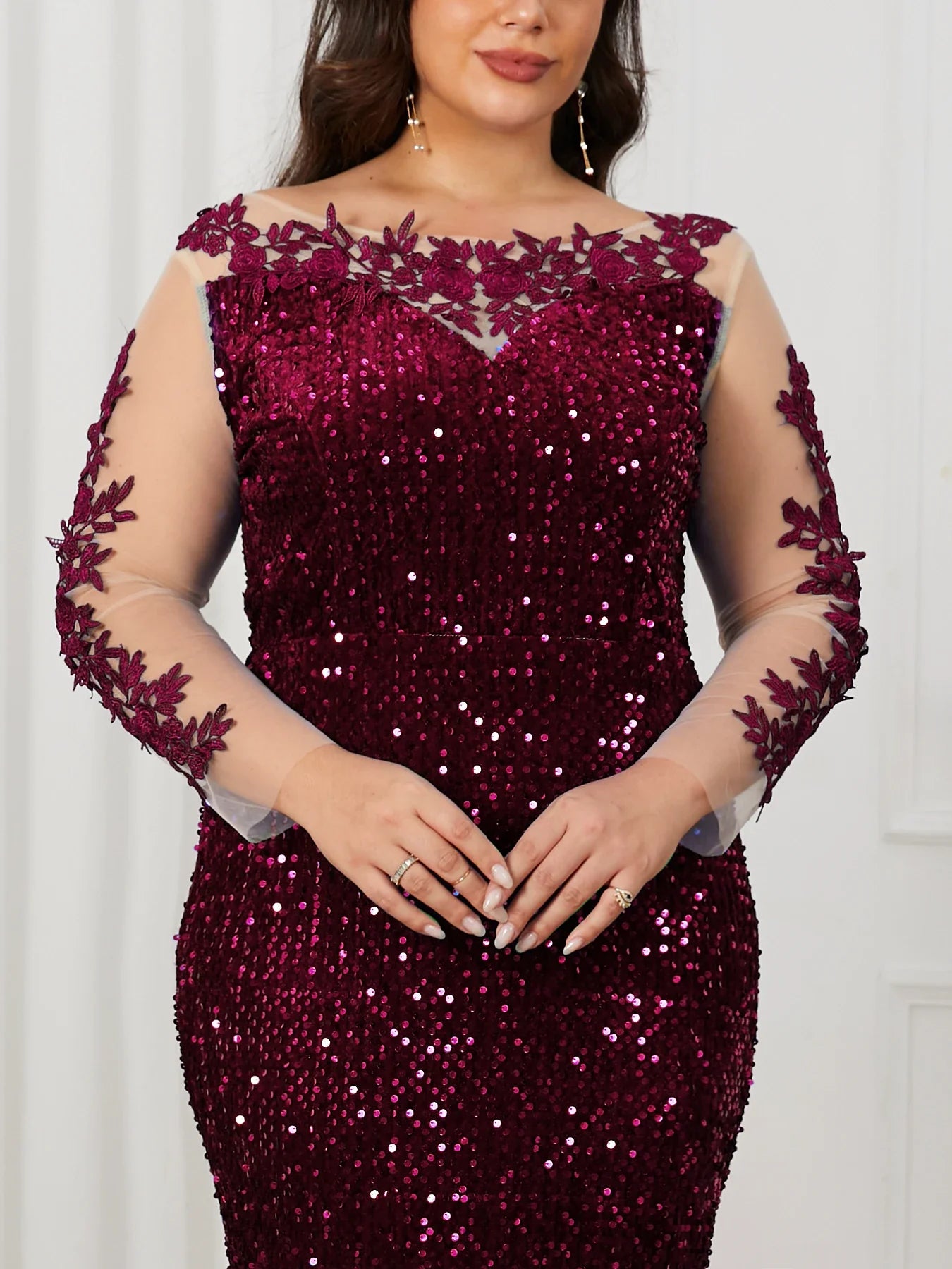 O Neck Curve Long Sequined Velvet Lace Evening Dress Prom Gown Floor Length Backless Maxi Dresses
