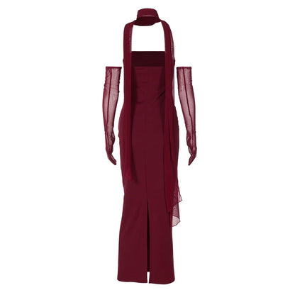 Elegant Scarf Strapless Solid Mesh Gloves Sexy Bodycon Maxi Prom Dress Women Fashion Y2K Outfits Wedding Party Birthday