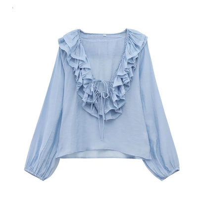 Women Fashion Long Sleeve V Neck Tierred Ruffles Loose Blouse Female Solid Color Casual Shirts Blusas Chic Tops LS6317