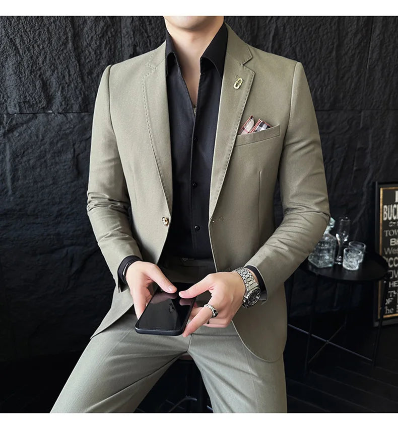 Men's Korean Style Slim Fit Suit Set, High Quality Fabric Solid Color Edge Pressing for Wedding Business