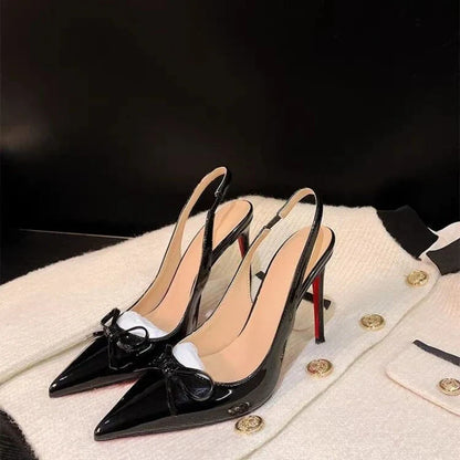 Leather Women's High Heels 2026 Summer New Style Bow-tie Pointed Toe Sandals Sexy Striptease Party High Heels