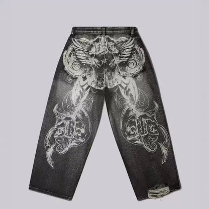 High Street Cool Personality American Style Denim Trousers Niche Fashion Baggy Washed Distressed Wide-leg Straight Jeans