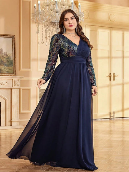Vestidos de Noite Luxuosos Plus Size de Chiffon Manga Comprida Feminino Lantejoula Vermelho Festa Casamento Coquetel Formatura Comprimento Longo