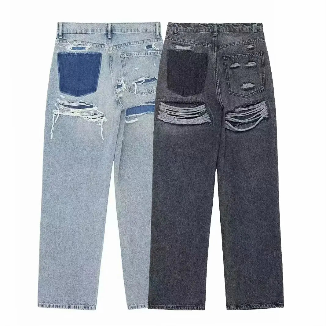 Women's Street Fashion Denim Blue Jeans Distressed Patchwork High Waist Zipper Fly Ripped Retro Long Pants