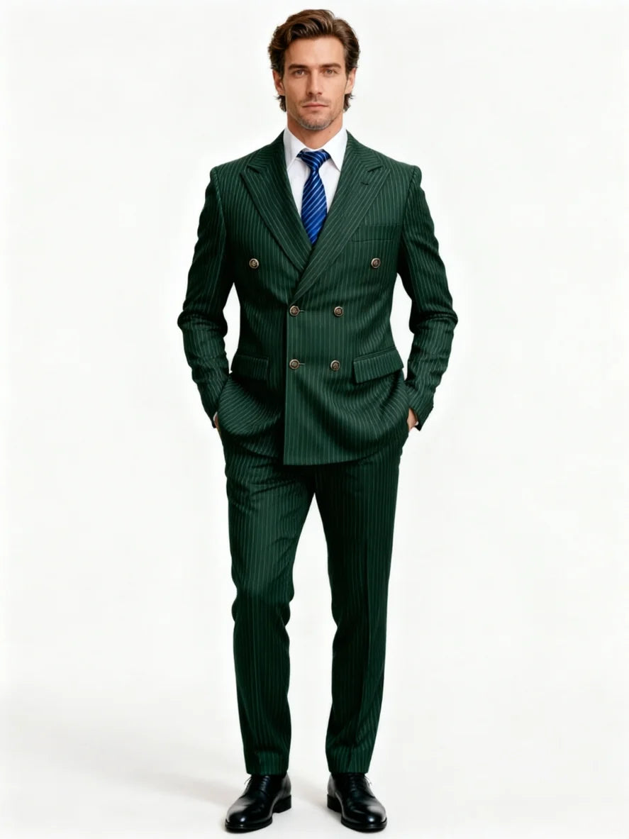 Men's Green Pinstripe Double Breasted Suit 2 Piece Slim Fit Formal Business Wedding Blazer Pants Set