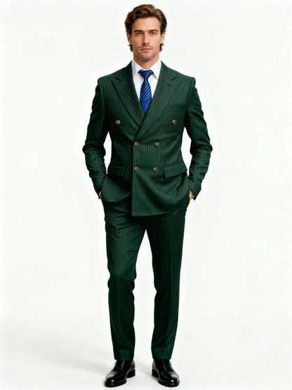 Men's Green Pinstripe Double Breasted Suit 2 Piece Slim Fit Formal Business Wedding Blazer Pants Set