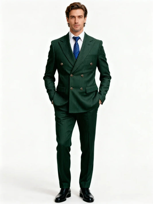 Men's Green Pinstripe Double Breasted Suit 2 Piece Slim Fit Formal Business Wedding Blazer Pants Set
