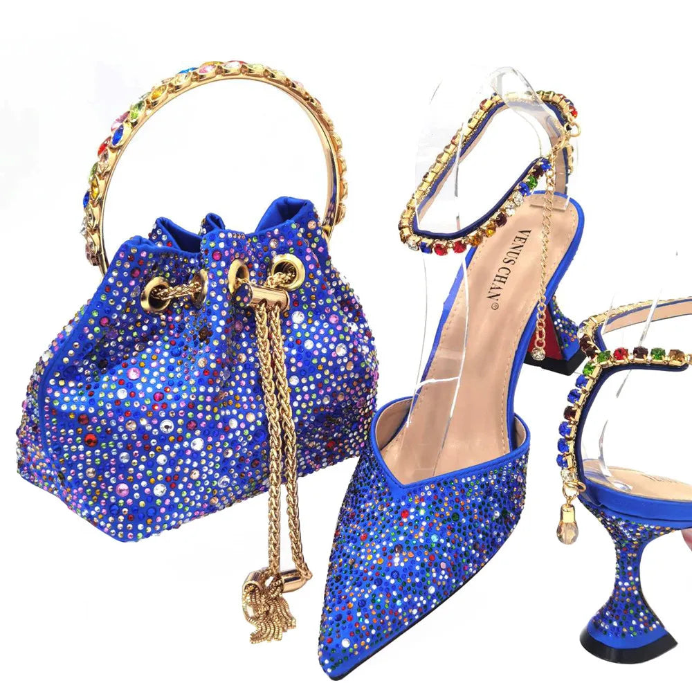Italian Design Luxury Women's Pointed Shoes And Bag Set Blue Full Diamond Decoration Shoes for Party