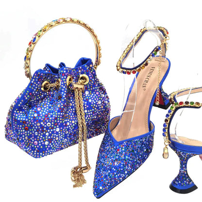 Italian Design Luxury Women's Pointed Shoes And Bag Set Blue Full Diamond Decoration Shoes for Party
