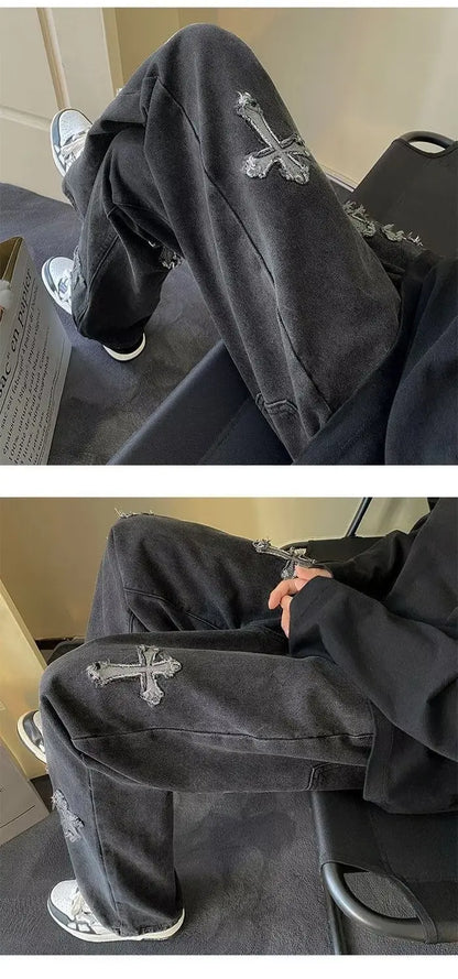 Vintage Men's Straight Jeans Cross Embroidery Casual Jeans Denim Loose Hip Hop Four Seasons Fashion Streetwear Pants Black Blue
