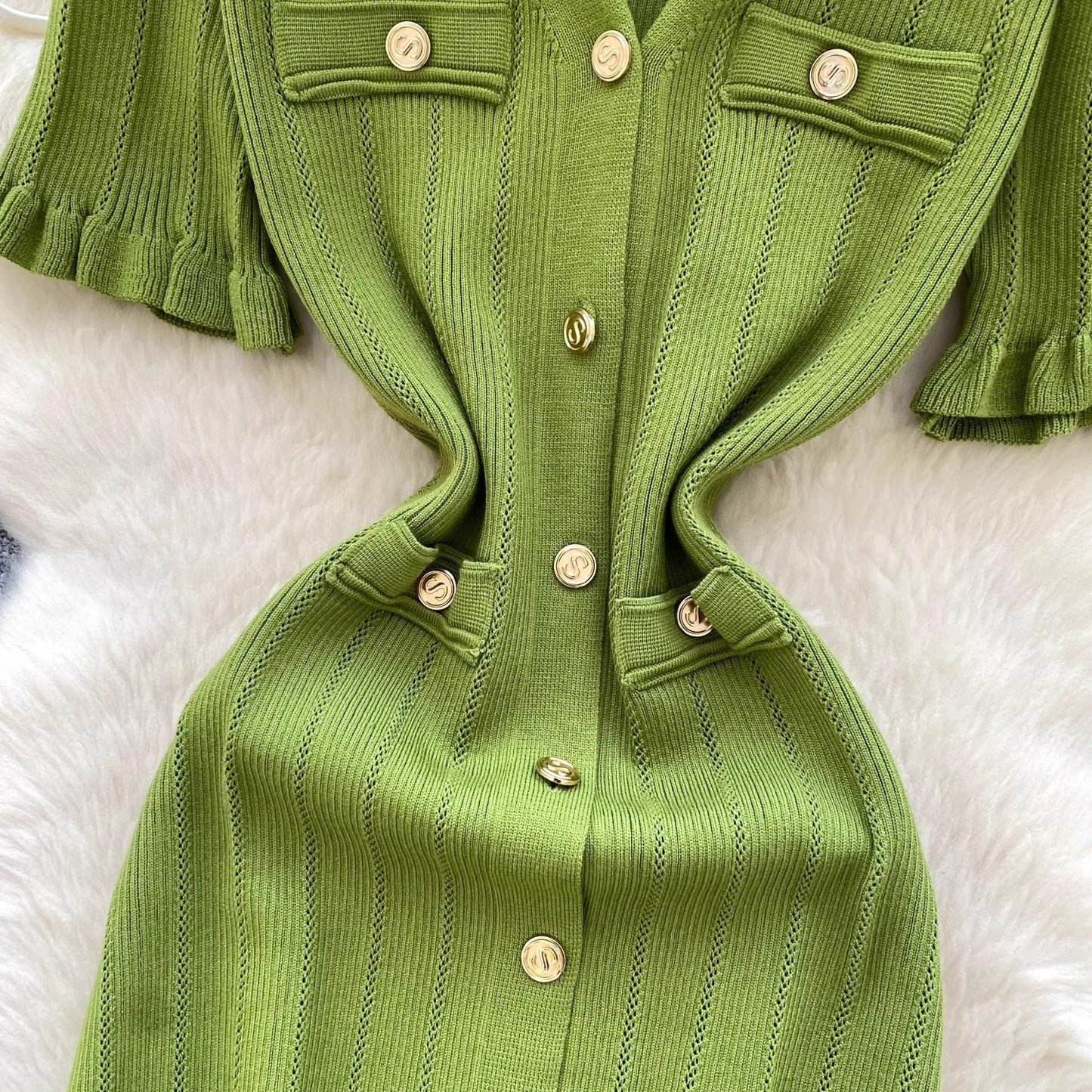 Fashion Vintage Knitted Long Dress Spring Summer Women Elegant V-neck Ruffled Bodycon Sweater Dress Party Vestido