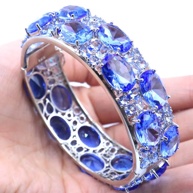 24x20mmEye Catching 51.2g Big Size Pink Kunzite Blue Aquamarine Violet Tanzanite Iolite Silver Bangle Bracelet 7.5inch