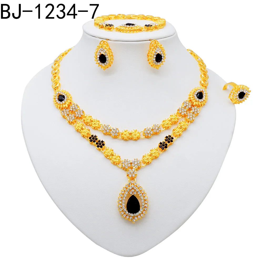 Women Gold Color Jewelry Sets Blue Pendant Necklace Earrings Bracelet Ring Sets Party Gifts