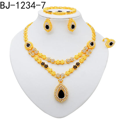 Women Gold Color Jewelry Sets Blue Pendant Necklace Earrings Bracelet Ring Sets Party Gifts