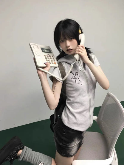 Japanese Y2k Hooded T-shirt Vintage 2000s Style Rabbit Ears Zipper Tops Harajuku Short Sleeve Thin Jacket Korean Popular