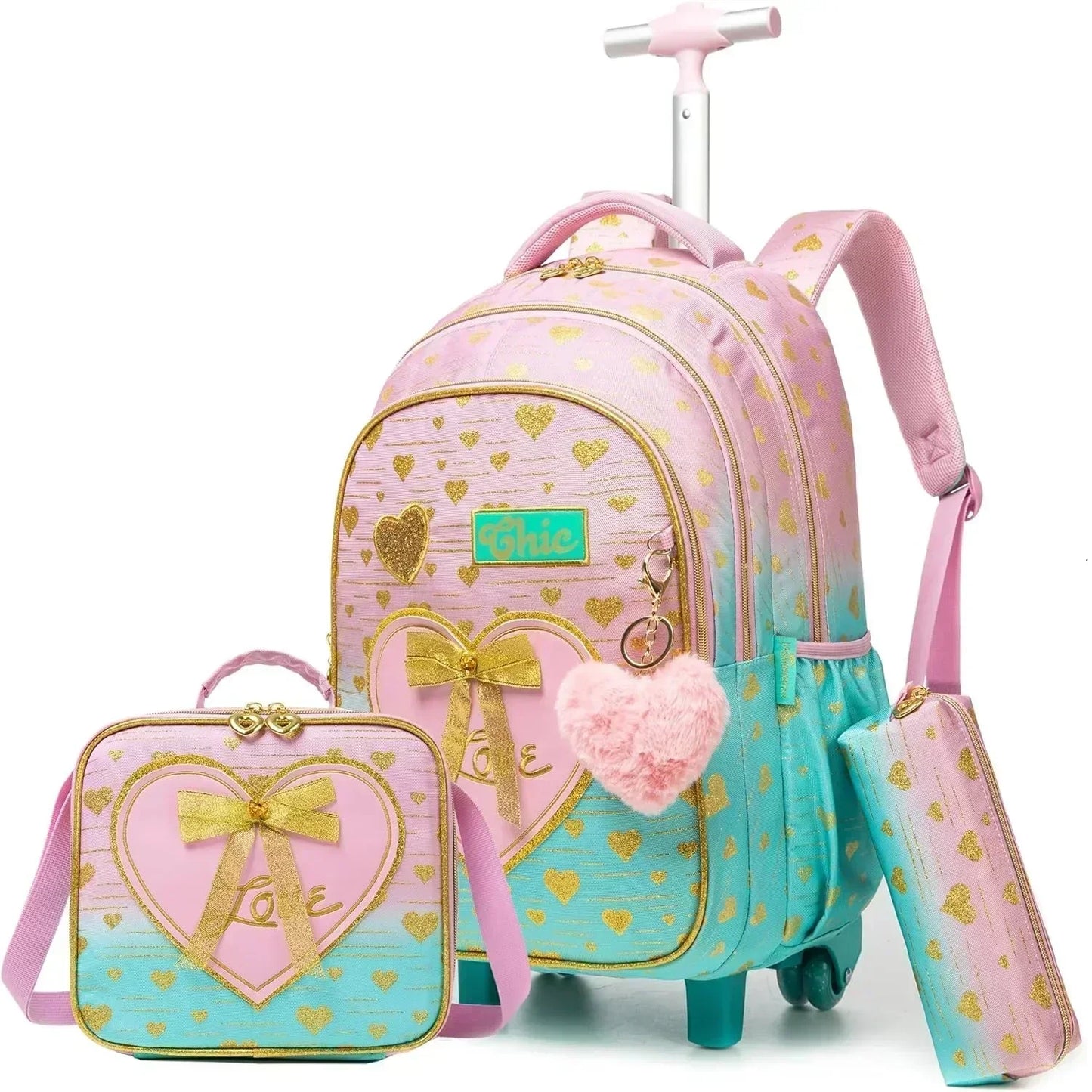 Children's Wheeled Backpack Bag Set with Lunch Box School Rolling Backpack Bag with Wheels School Trolley Backpack Bag for Girls