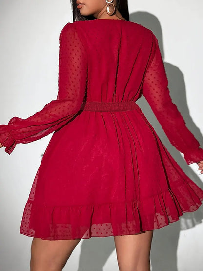 New Sexy V-Neck Short Dress Plus Size Solid Polka Dot Long-Sleeve American Slim A-Line Skirt Elegant Party Women's Evening Dress